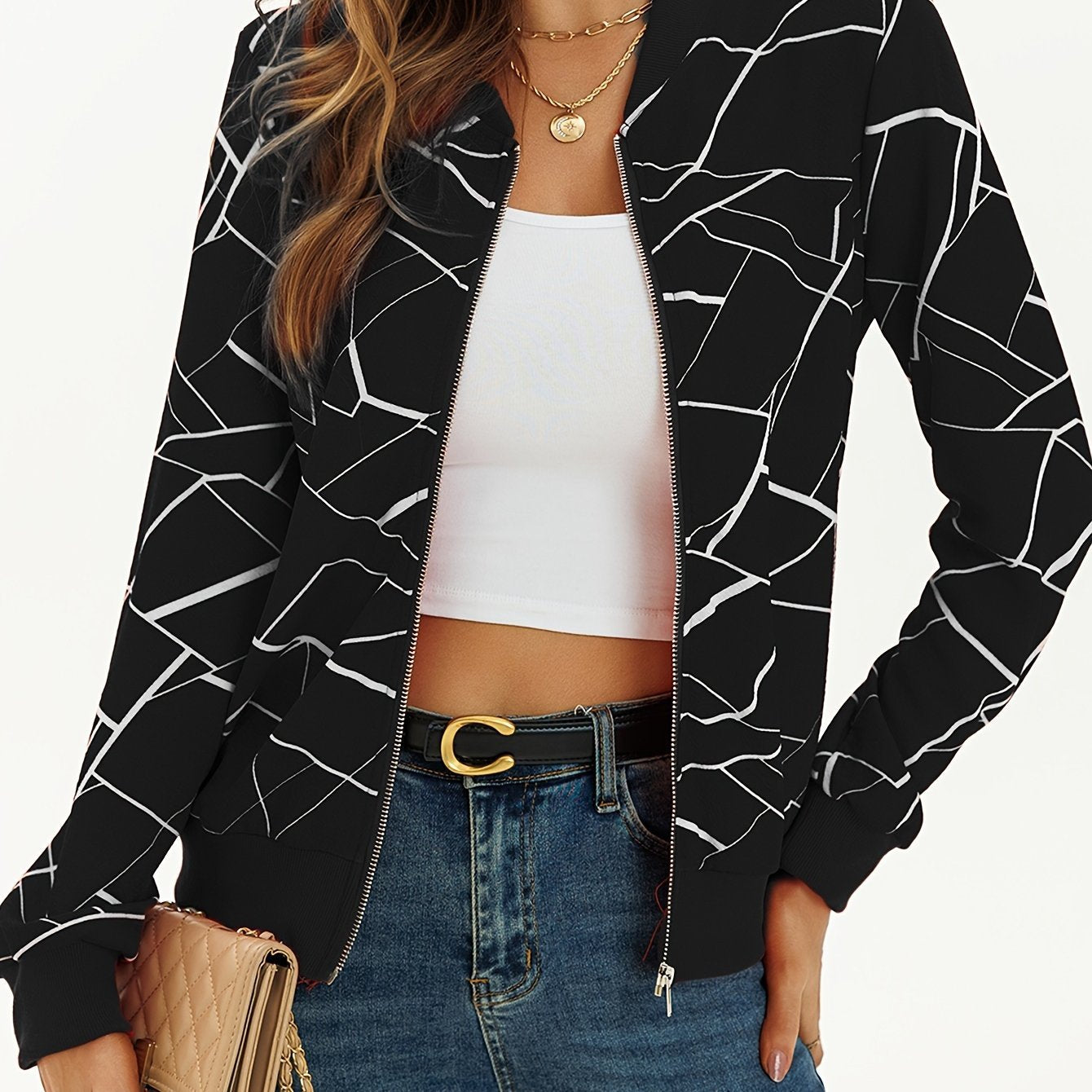 Women's Elegant Print Zip-Up Jacket
