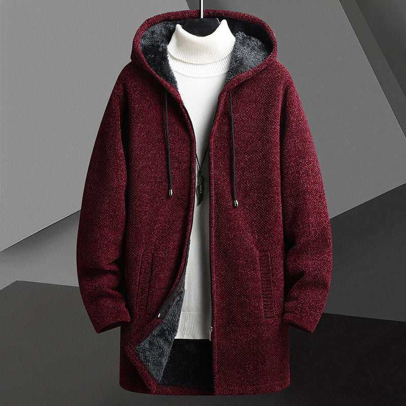 Men's Fleece-Lined Hooded Sweater Cardigan | Fall/Winter Mid-Length Zip-Up