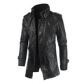 Men's Mid-Length Leather Coat | Stand Collar Fleece-Lined Thickened Winter Jacket