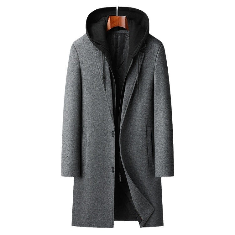 Premium Wool Blend Mid-Length Coat | Men's Detachable Hood Urban Topcoat