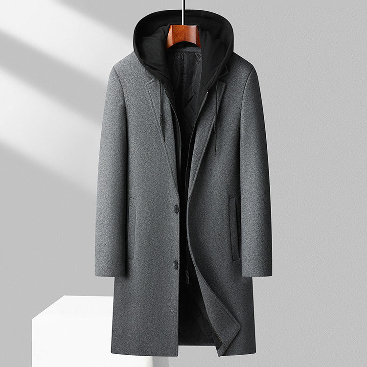 Premium Wool Blend Mid-Length Coat | Men's Detachable Hood Urban Topcoat