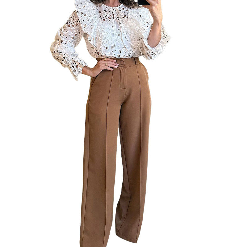 High Waist Loose Fit Solid Color Straight Pants