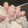 Elegant Long Fake Nails with Camellia & Streamer Art