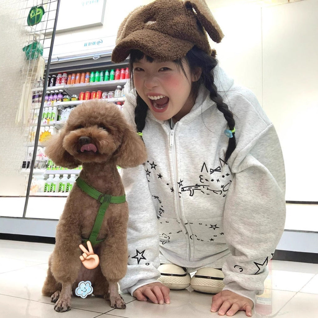 Women's Loose Casual Cute Cartoon Embroidery Pullover Hoodie