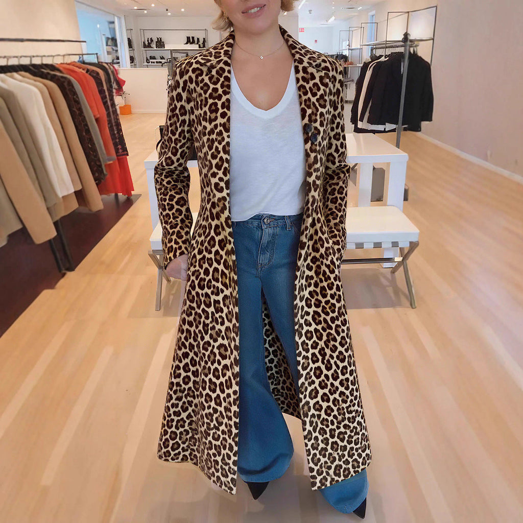 Women's Leopard Print Lapel Trench Coat