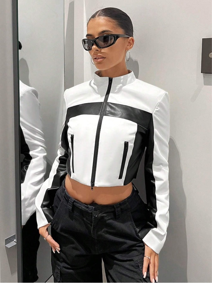 Women's Black & White Contrast Leather Jacket