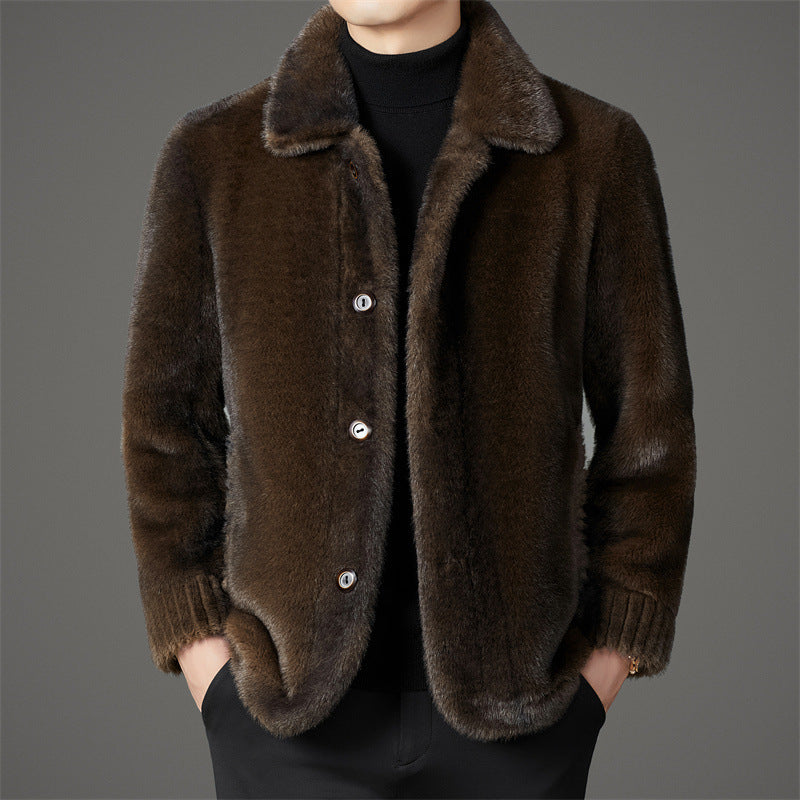 Men's Luxury Winter Golden Mink Faux Leather Wool Coat
