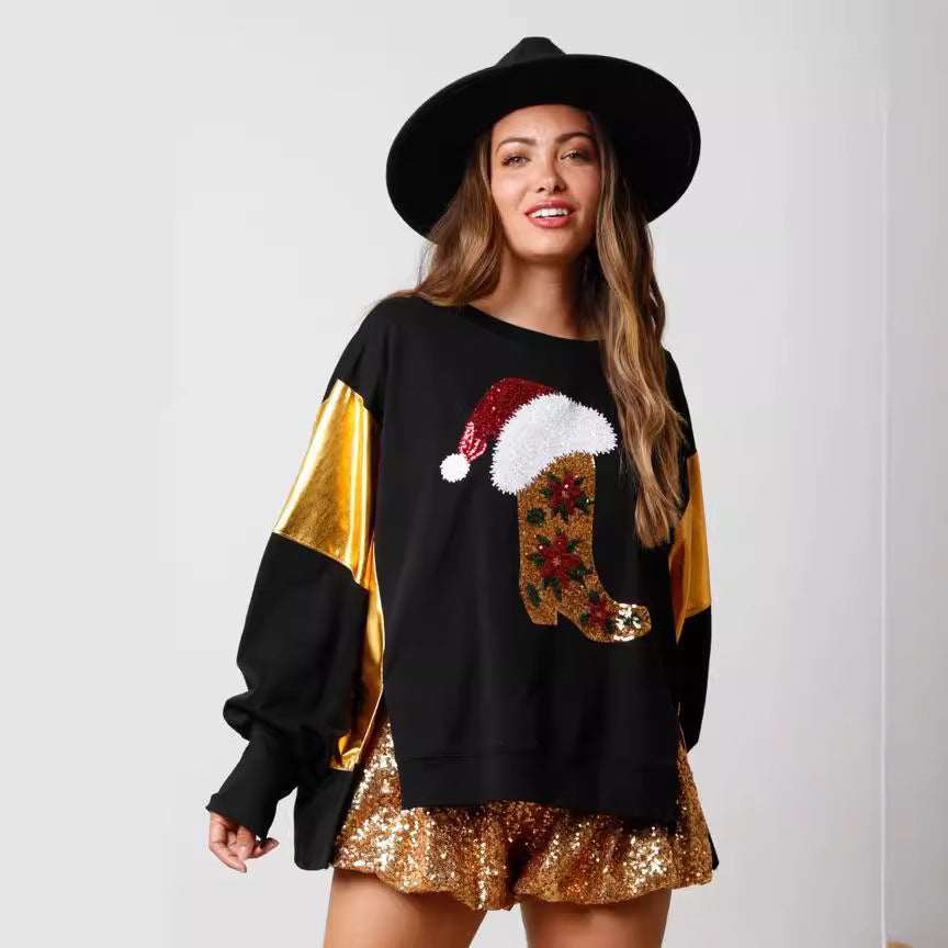 Casual Long Sleeve Sequined Christmas Graphic Sweatshirt