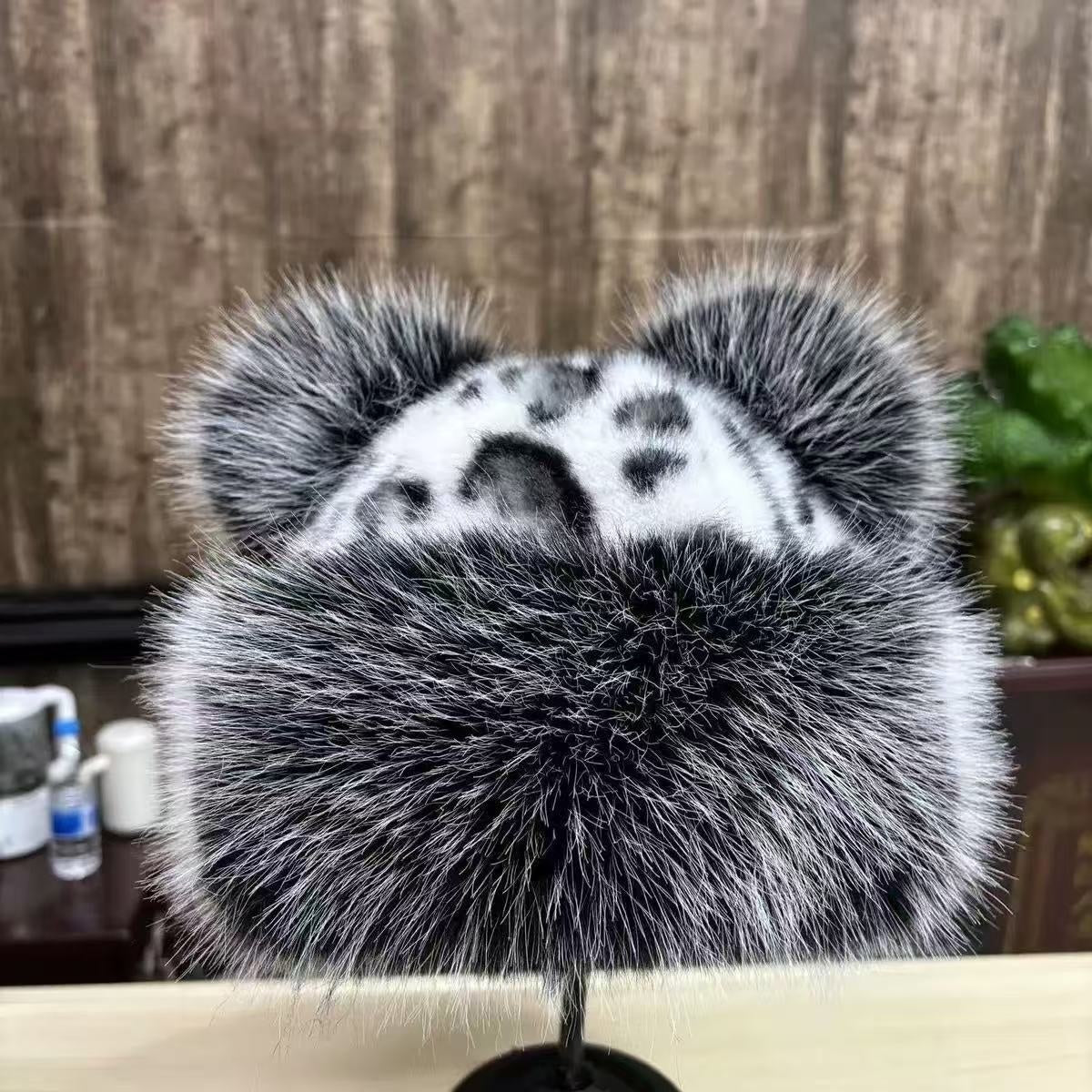 Leopard Pattern Bear Ear Thick Warm Fisherman Bucket Hat