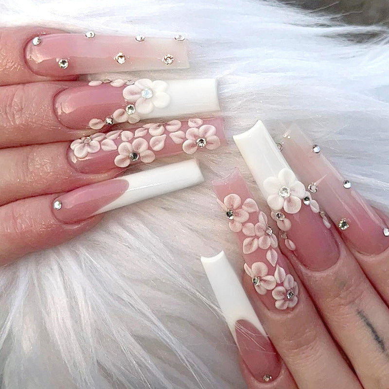 Luxury Long Ballerina Fake Nails: French & Rhinestone