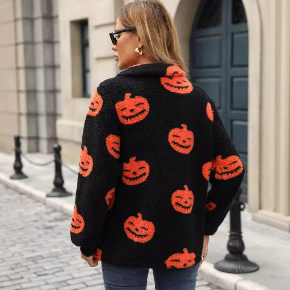 Euro-American Style Plush Half-Zipper Pumpkin Halloween Sweatshirt