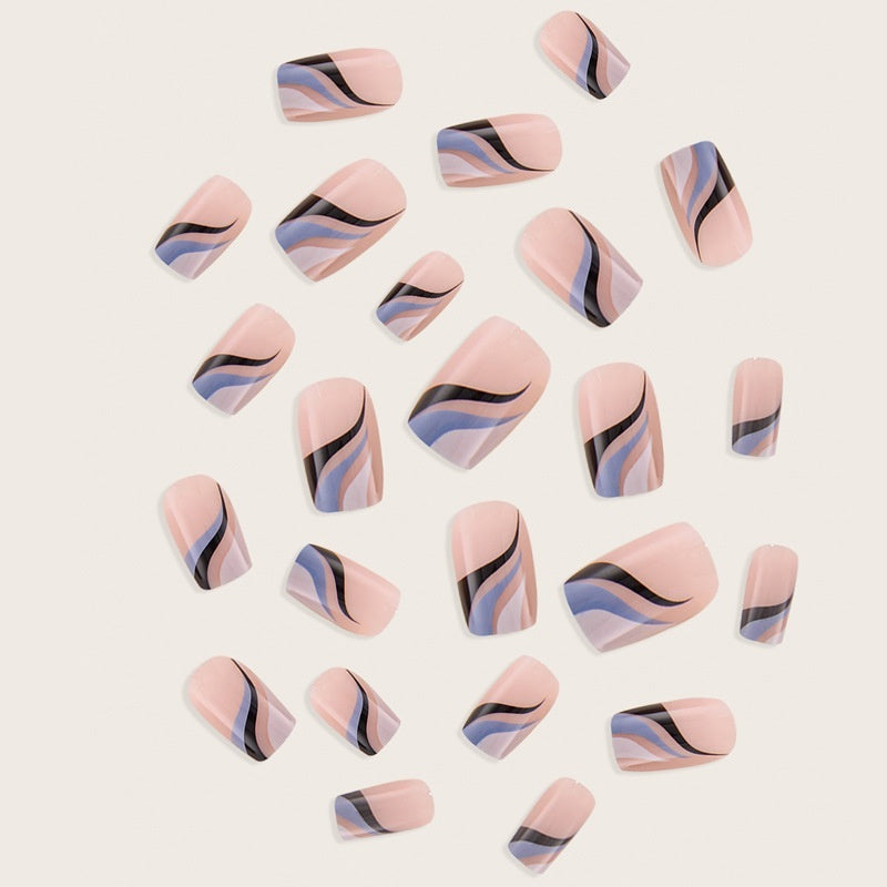 Removable Fake Nails: Color Matching French Line & Ripple Art