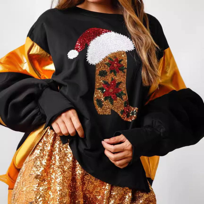 Casual Long Sleeve Sequined Christmas Graphic Sweatshirt