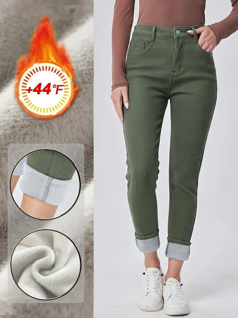 Slim Fit High Waist Dark Green Denim Trousers