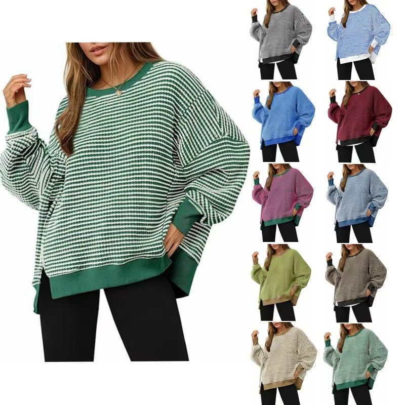 Waffle Knit Crewneck Split Pullover Sweater