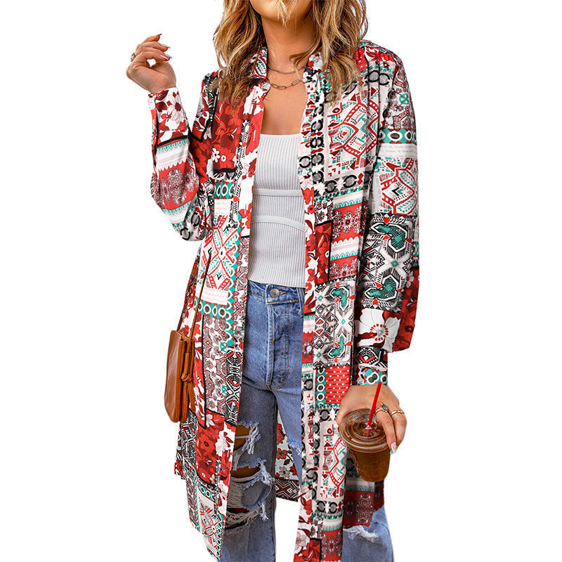 Women's Casual Boho Print Long Cardigan