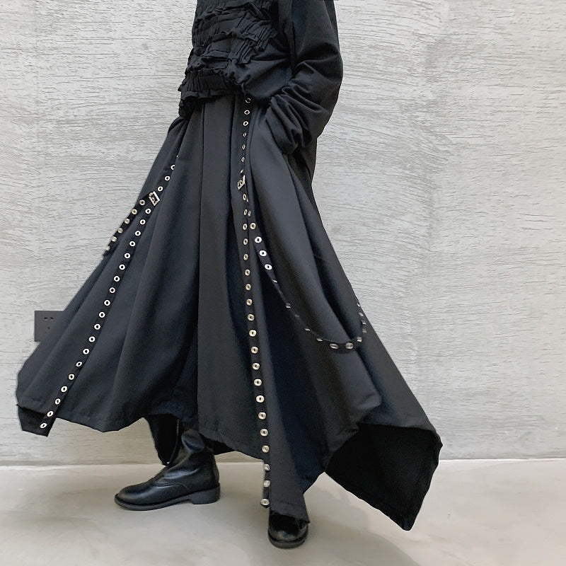 Goth Style Irregular Hem Ribbon Rivet Pantskirt