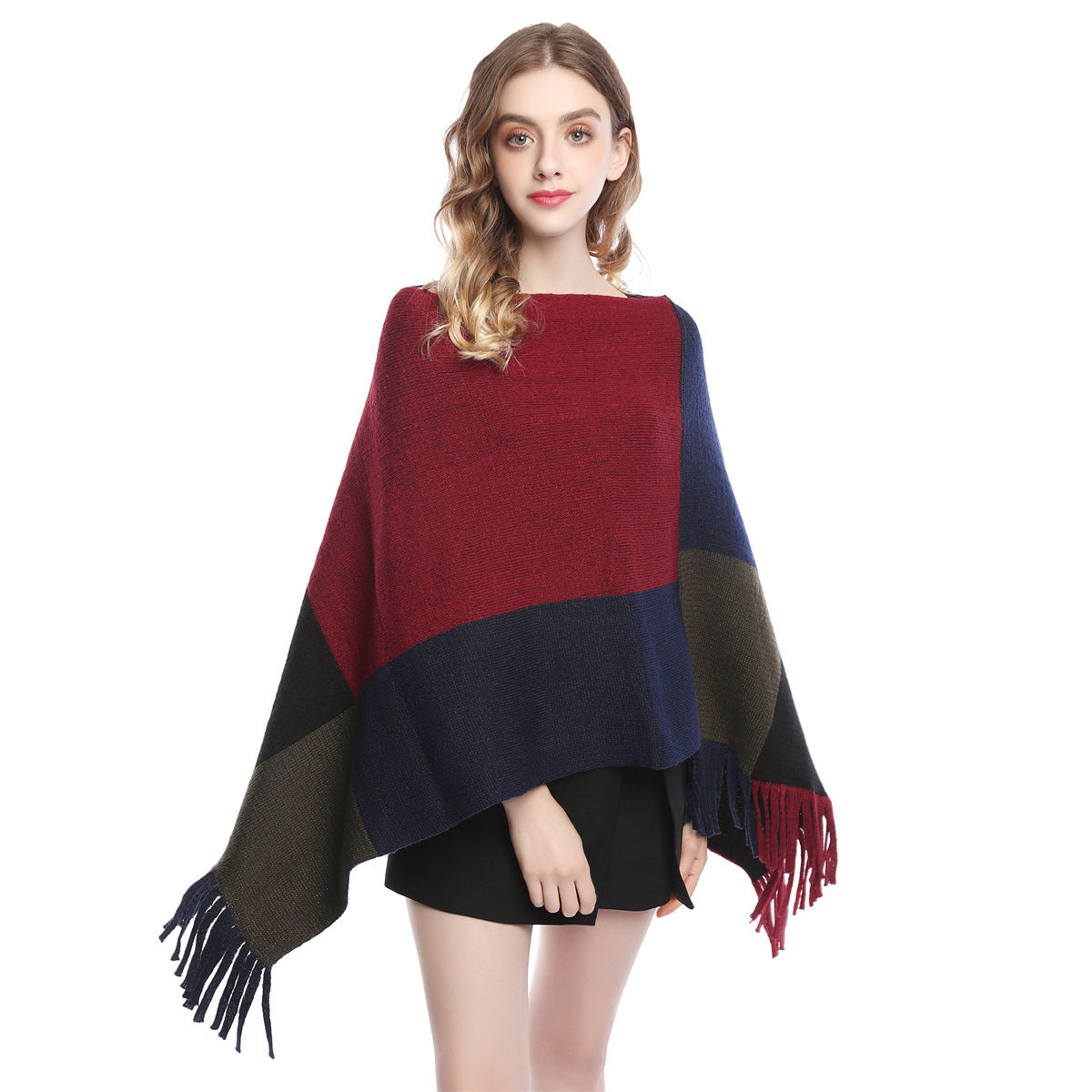 Fashion Women's Color Contrast Patchwork Knit Shawl Cape