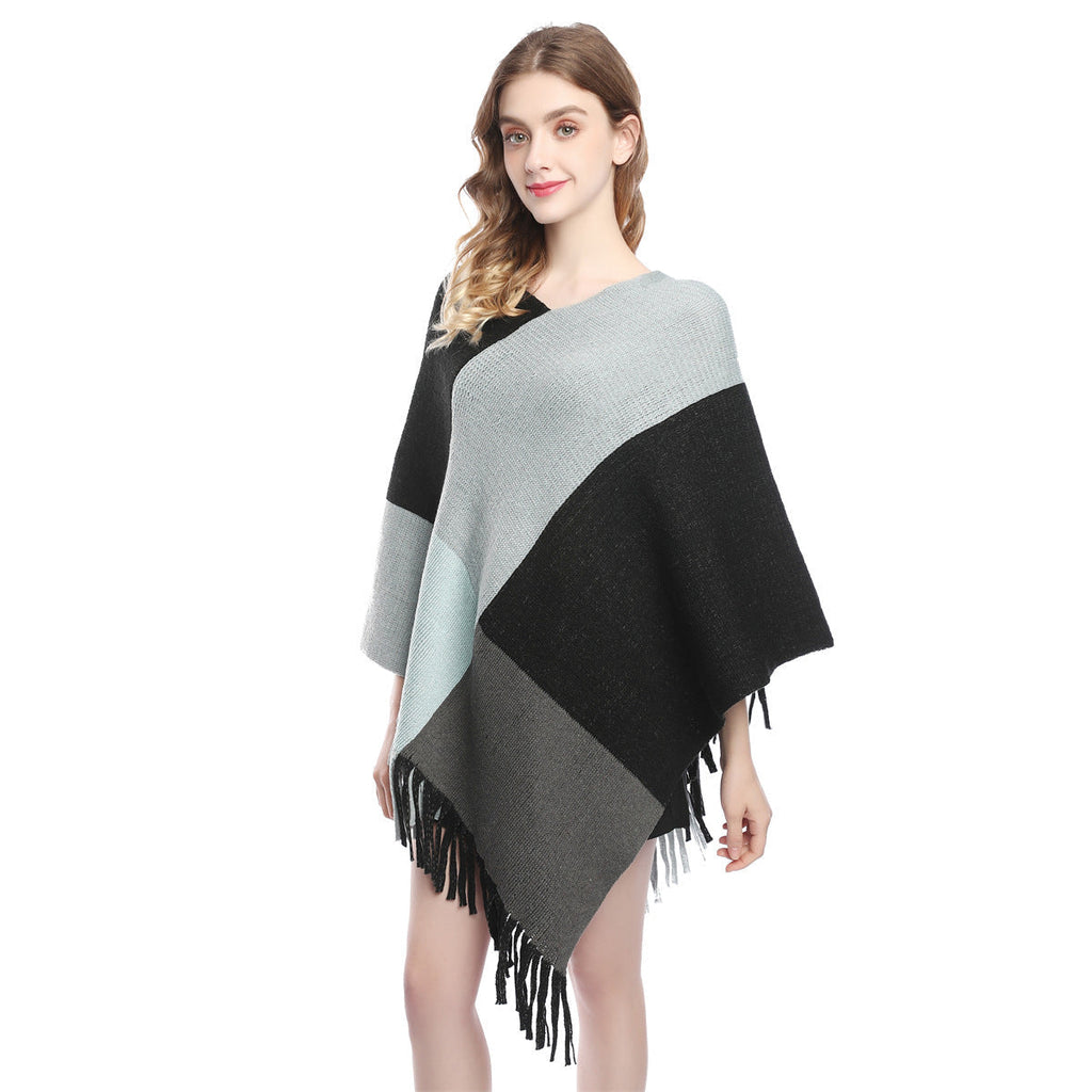 Fashion Women's Color Contrast Patchwork Knit Shawl Cape