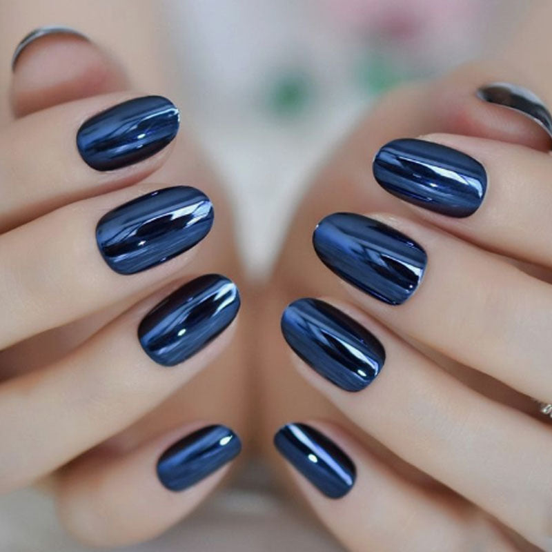 Wearable Blue Chrome Metallic Fake Nails
