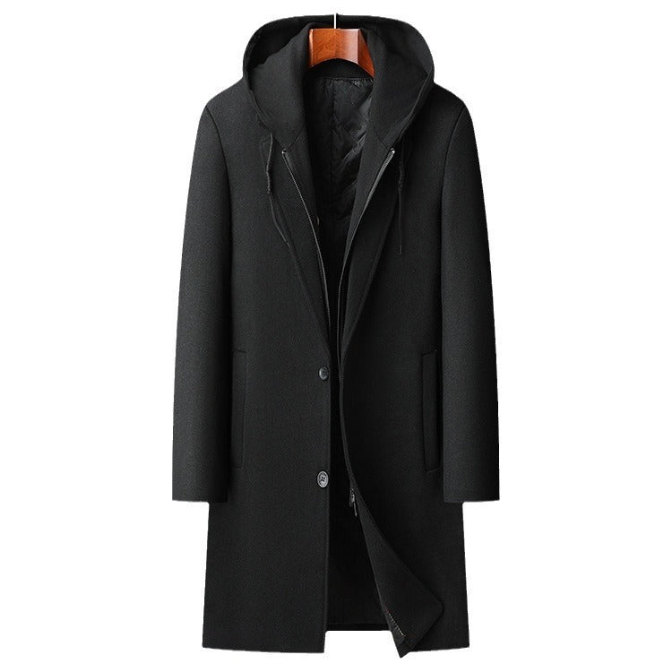 Premium Wool Blend Mid-Length Coat | Men's Detachable Hood Urban Topcoat