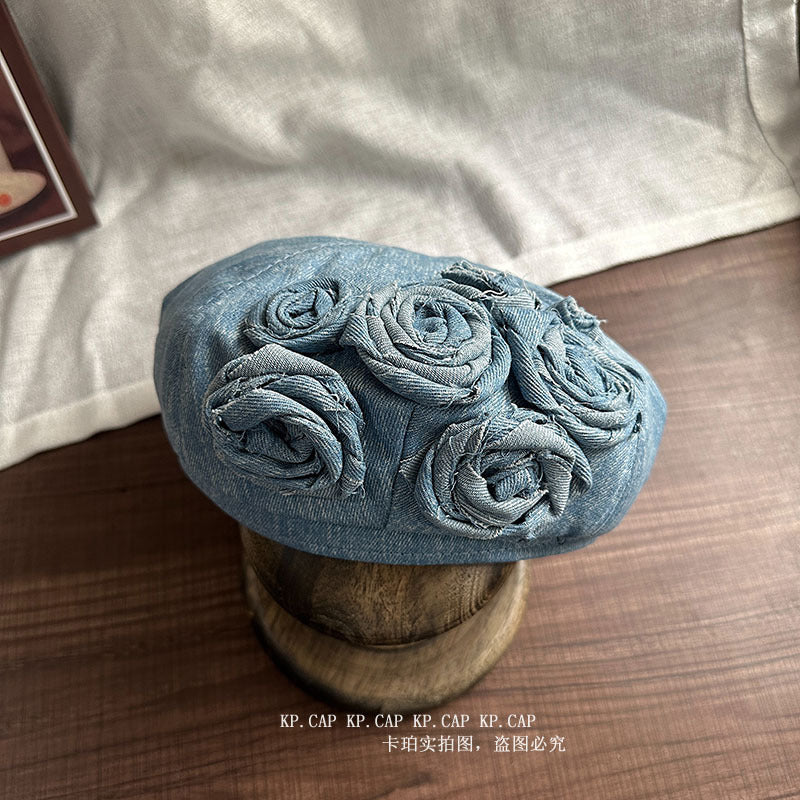 Women's Elegant Korean Style Rose Embroidered Beret Hat