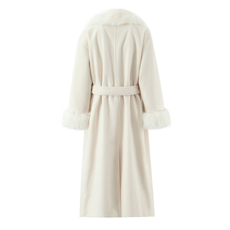 Elegant Belted White Long Coat with Fur Collar