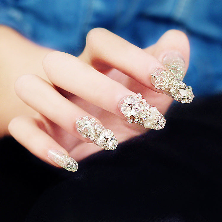 Luxury Fake Nails with Rhinestone Silver Drops