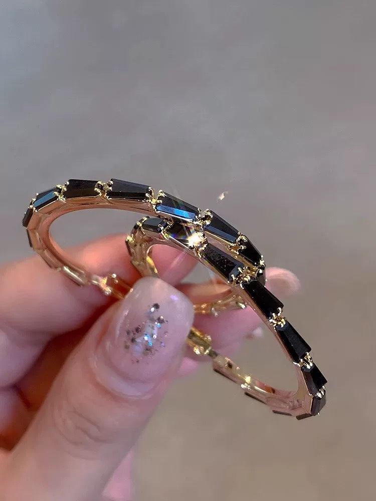 Advanced French Black & Crystal Hoop Earrings