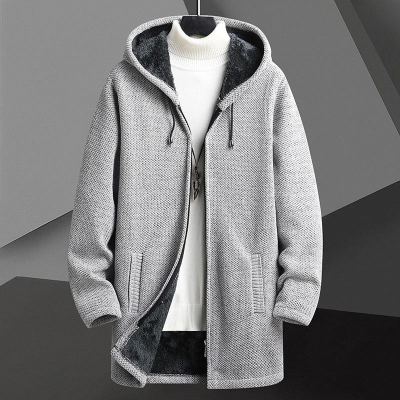 Men's Fleece-Lined Hooded Sweater Cardigan | Fall/Winter Mid-Length Zip-Up