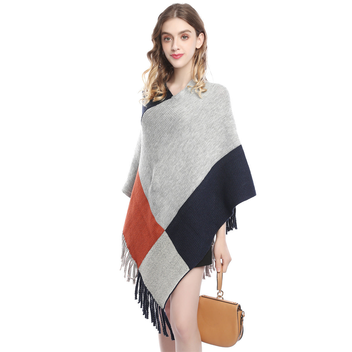 Fashion Women's Color Contrast Patchwork Knit Shawl Cape