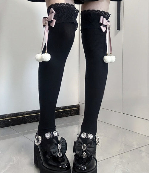 Cute Fluffy Pompom Bow Winter Crew Socks