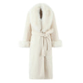 Elegant Belted White Long Coat with Fur Collar