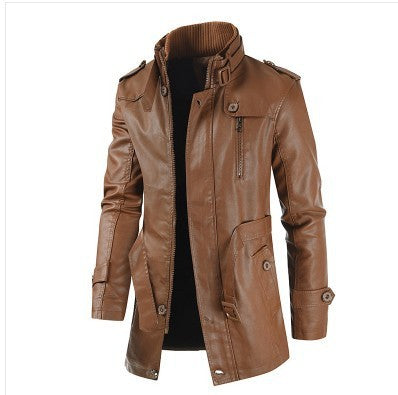 Men's Mid-Length Leather Coat | Stand Collar Fleece-Lined Thickened Winter Jacket