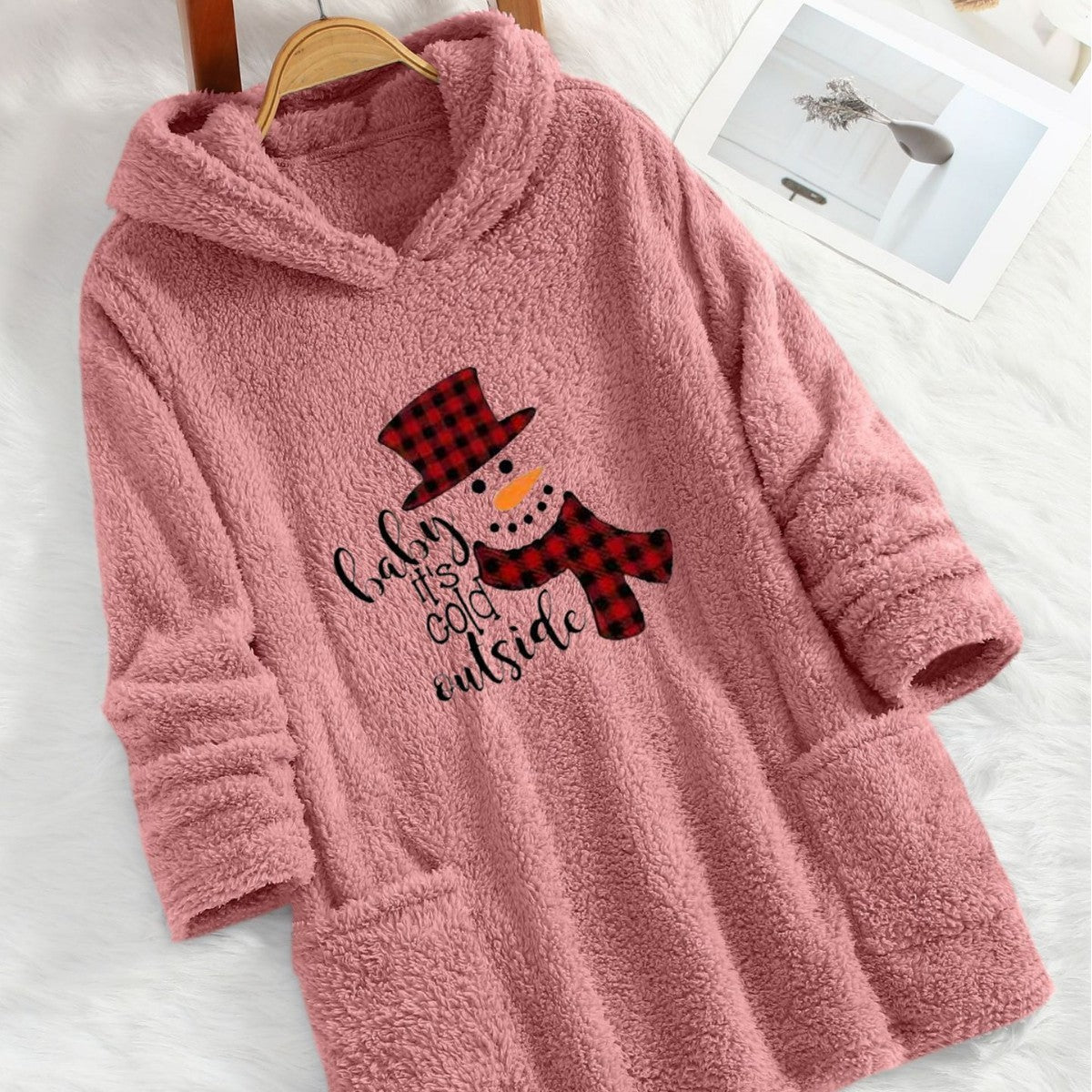 Festive Teddy Bear & Snowman Graphic Pullover Hoodie
