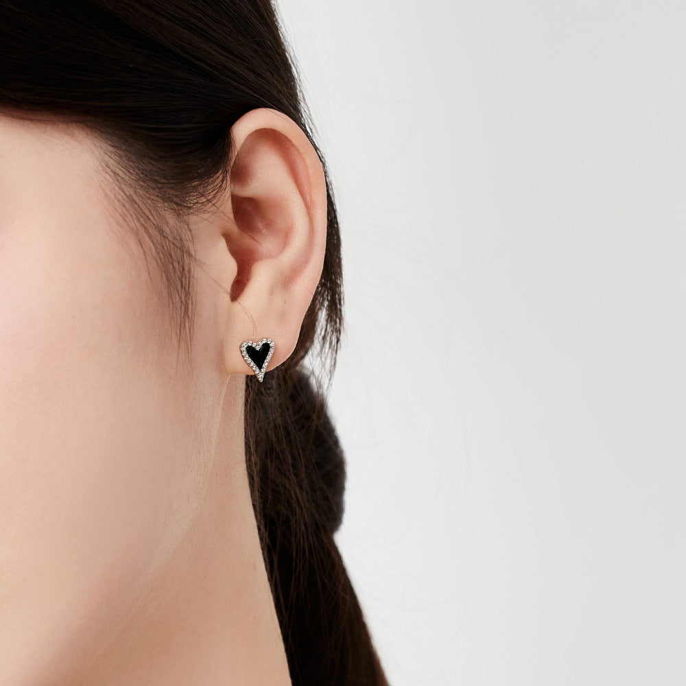 Black Agate & Silver Heart Stud Earrings