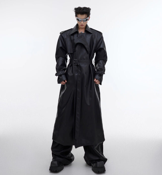 Trendy PU Leather Coat | Split Padded Shoulder Deconstructed Profile Jacket