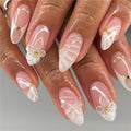 Elegant Almond Fake Nails with Simple White Ripple Design